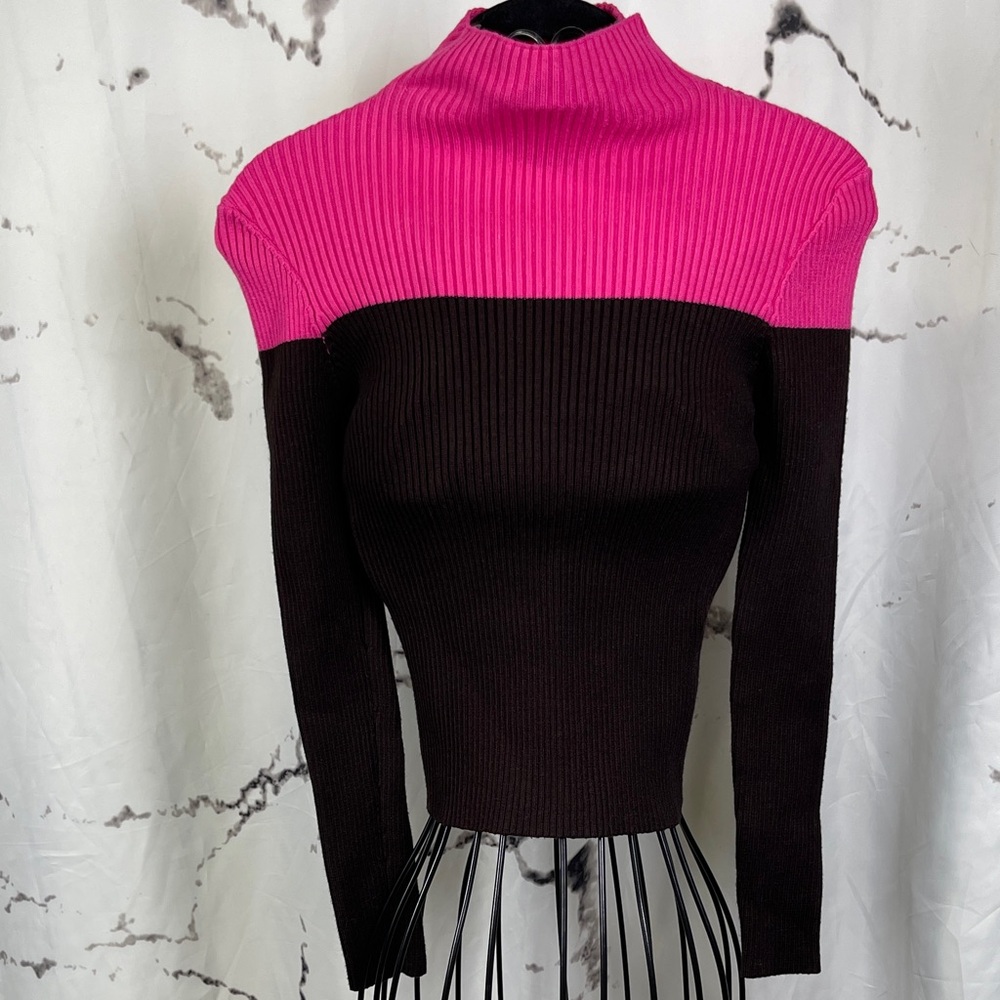 Zara Ribbed Stretch Knit Sweater Turtle Neck Long Sleeve Fitted Bodycon Hot Pink